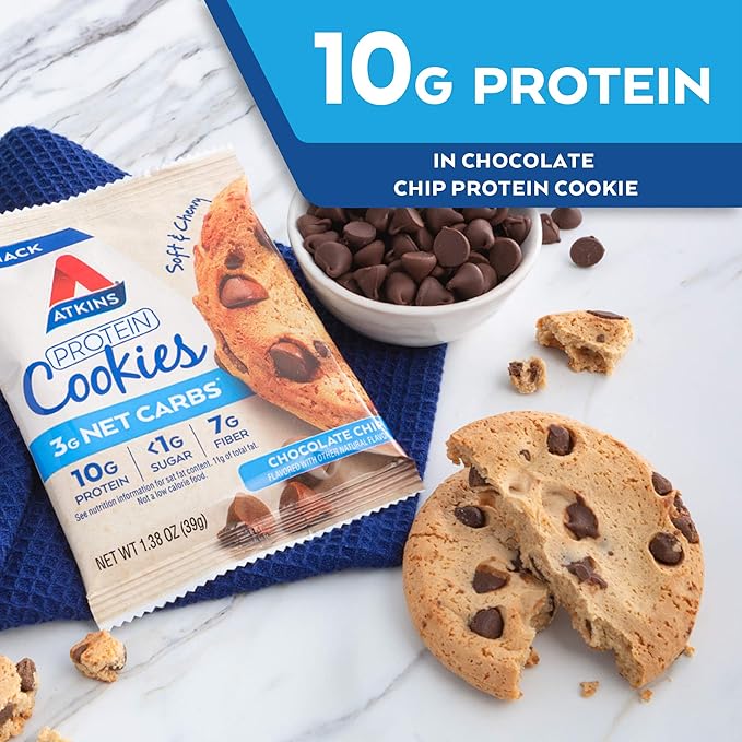 Atkins Chai Tea Latte Protein Shake with 15g Protein, 3g Net Carbs, 1g Sugar and Atkins Chocolate Chip Protein Cookie with 10g Protein, 3g Net Carbs, 1g Sugar, Keto Friendly, 4 Count