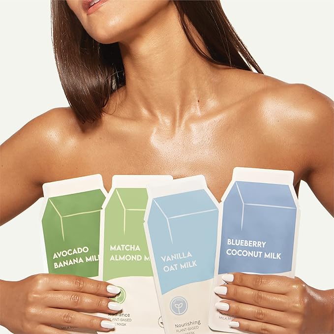 ESW Beauty Plant-Based Milk Face Masks - 8-Pack Variety Set - Hydrating, Radiance, Firming & Soothing with Avocado, Matcha, Blueberry, Vanilla & Oat Extracts for All Skin Types