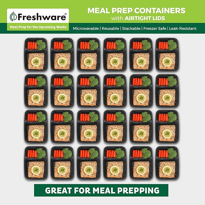 Freshware Meal Prep Containers [50 Count ] 2 Compartment with Lids, Food Storage Containers, Bento Box, BPA Free, Stackable, Microwave/Dishwasher/Freezer Safe (28 oz)
