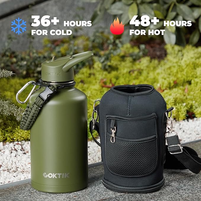 COKTIK Half Gallon Insulated Water Bottle, 64 oz Triple Wall Stainless Steel Flask,Cold for 48 Hrs Leak-Proof & BPA-Free Jug with Paracord Handle, Straw & Spout Lids(2 pack, Army Green)