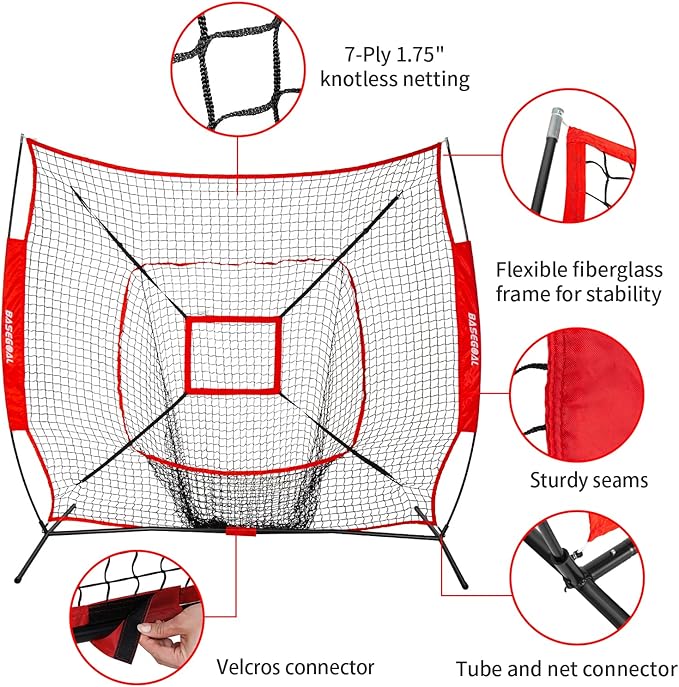 7'×7' Baseball Softball Practice Net,Baseball Backstop,with Batting Tee,Ball Caddy,for Hitting Pitching Batting Catching with Bow Frame,Bonus Strike Zone,Portable and Foldable