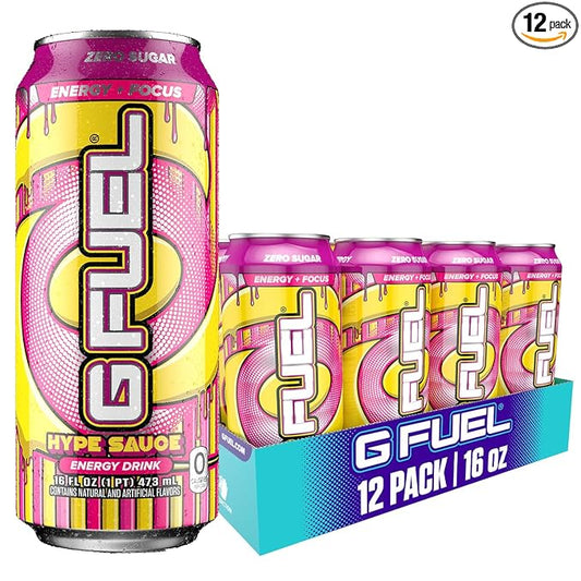 G Fuel Energy Drink, Raspberry Lemonade, Sugar Free Beverage with 300mg Caffeine, Daily Energy Boost with Focus Amino, Vitamin + Antioxidants, 16 oz Cans (Hype Sauce, 12-Pack)