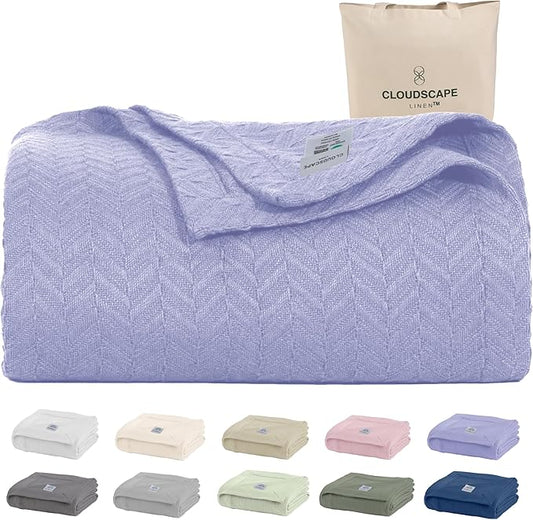 Cloud Scape Linen 100% Cotton Blanket King Size for Bed – Lightweight Summer Blanket, Herringbone Weave,fits California King Size Bed, 92x108,Lavender Blue