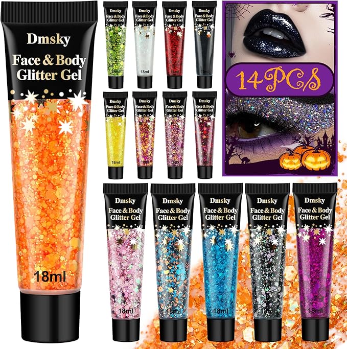 Dmsky 14 Colors Body Glitter,Face Glitter Makeup for Kids Women,Sparkly Chunky Hair Glitter for Eye Lip Hair Nails,Mardi Gras Glitter Makeup Face Paint,Singer Concerts Disco Rave Festival Accessories