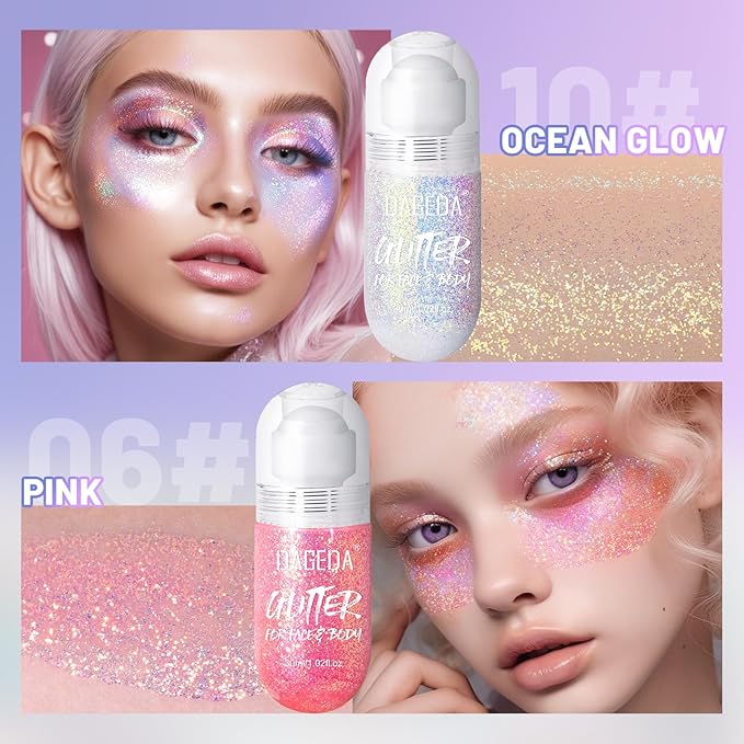 DAGEDA 2Colors Roll-on Body Glitter Gel for Body, Hair, Face, Holographic Glitter Makeup for Rave Accessories, Body Shimmer Hair Glitter Gel for Halloween Makeup(Pink + Ocean Glow)