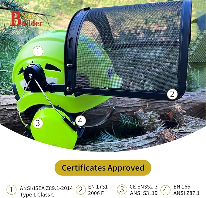Forestry Safety Helmet with Build-in Visor Mesh Face Shield Ear Muffs 4 in 1 Chainsaw Safety Hard Hats
