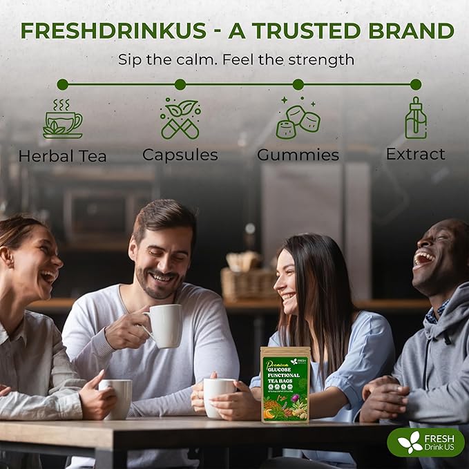 FreshDrinkUS, Premium 30 Tea Bags Glucose Functional Tea – Herbal Blend with Gymnema, Cinnamon, Bitter Melon, Tulsi & More –– Caffeine-Free. Sugar-Free. Gluten-Free. Vegan