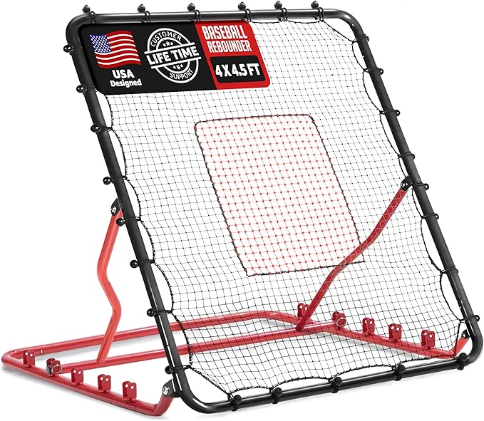 Baseball Rebounder Net, 3/5 Adjustable Angles 4x4.5FT Pitch Back Baseball Softball Volleyball Rebounder with 2 Strike Zones, UV Resistant, Pitchback Trainer for Ground, Line Drive & Fly Balls