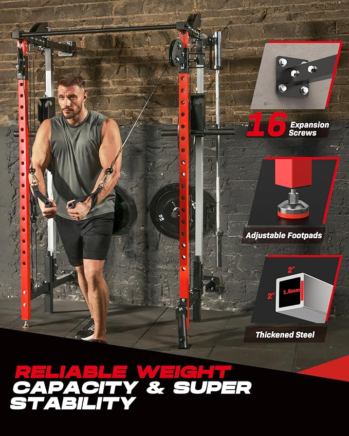 Folding Power Rack, Wall Mounted Squat Rack with Dual Independent Pulley System, Multi-Function Power Cage with 5 Adjustable Function Modes, Power Rack Trainer for Space Saving Home Gym