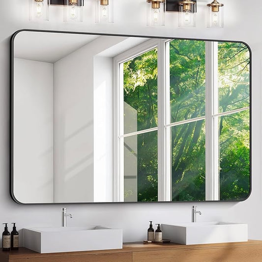 FORBATH Large Bathroom Mirror 60" x 40", Black Rectangle Metal Framed Rounded Corner Wide Wall Mounted Mirror for Bathroom Bedroom Entryway Decor(Horizontal/Vertical)