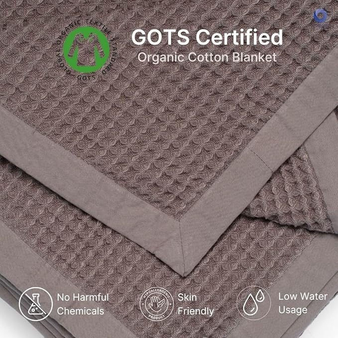 GOTS Certified Organic Cotton Waffle Weave Blanket, Queen Bed Size, 90"X90"Cozy Throw Blanket for Couch, Modern Home Decor, Throw Blankets,Waffle Blanket, Soft Bed Blankets -Charcoal Grey