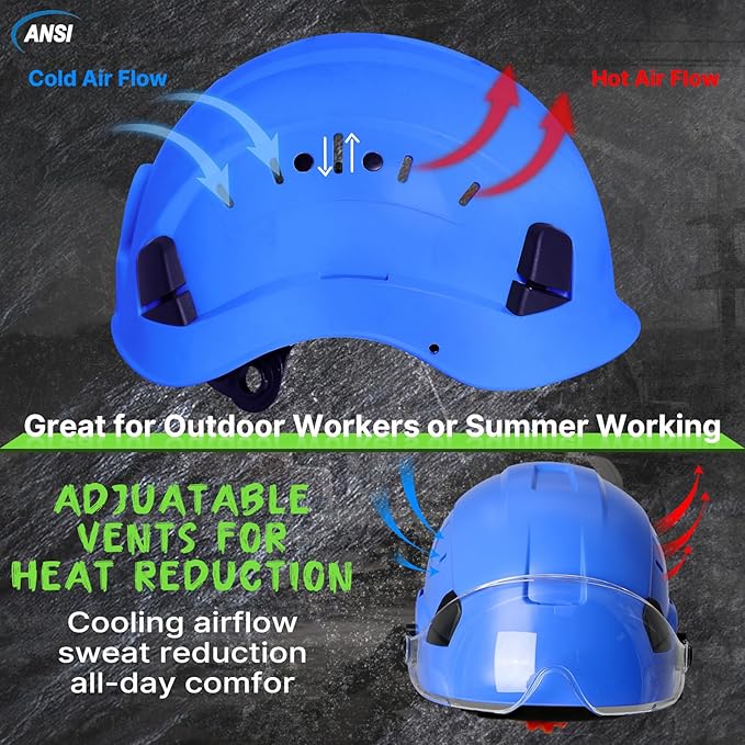 AOLAMEGS Construction Blue Hard Hats - Adjustable Vented Hard Hat with Visor for Men Women ABS Safety Helmet 6-Point Suspension Work Safety Helmet for Outdoor Height Industrial (with Clear Visor)