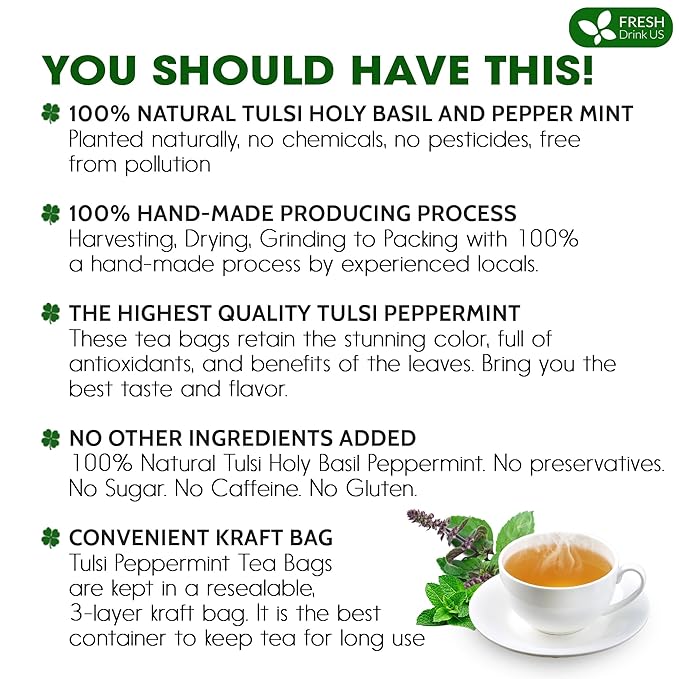 FreshDrinkUS, Premium Tulsi Peppermint Herbal Tea – 75 Tea Bags, 100% Natural, Blend of Tulsi Holy Basil Leaves, and Peppermint Leaves. Made with Natural Material Tea Bags. No Sugar, Vegan.
