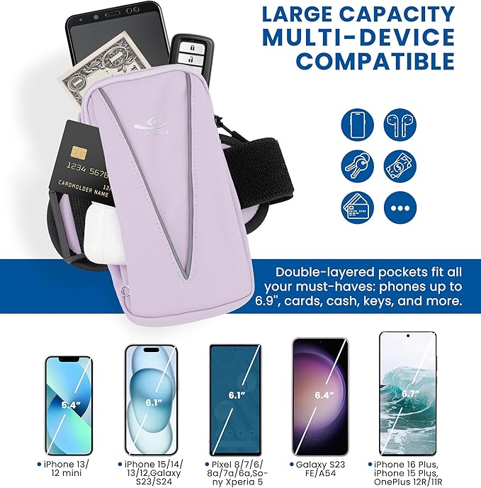 HiRui Cell Phone Holder Arm Bag & Wrist Bag for Phone, Sports Running Armband for Gym & Cycling, Compatible with iPhone 16/16Pro/Plus/15/14 Samsung Galaxy All Phones, Reflective & Adjustable (Purple)