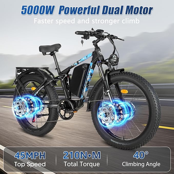 60V 26Ah Electric Bike for Adults 5000W, 60V Battery Ebike, 26"X4"Fat Tire Long Range Mountain Bike Full Suspension, Hydraulic Brake Electric Bicycle