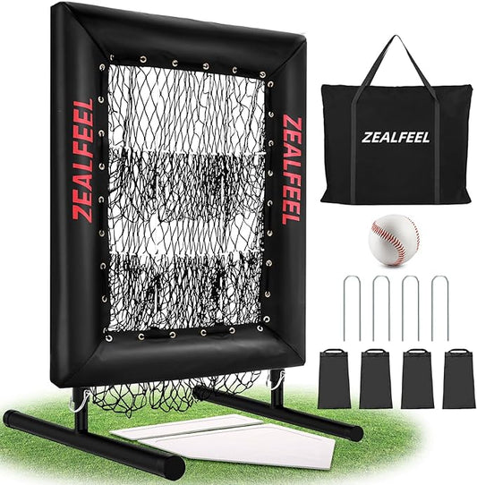 Baseball Pitching Net Pro, 9 Hole Pitching Net with Strike Zone Target, 5 Height Adjustable, Portable Easy Setup Trainer Net for Baseball & Softball with Ball, Home Plate & Pitching Rubber