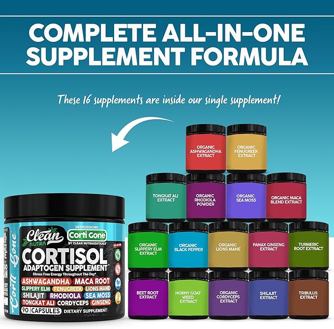 Corti Gone Cortisol Supplements For Women | Maca Root Ashwagandha Cortisol Detox Manager Reducer + Slippery Elm Fenugreek Lions Mane Shilajit Rhodiola Sea Moss Tongkat Ali Cordyceps Ginseng Beet Root
