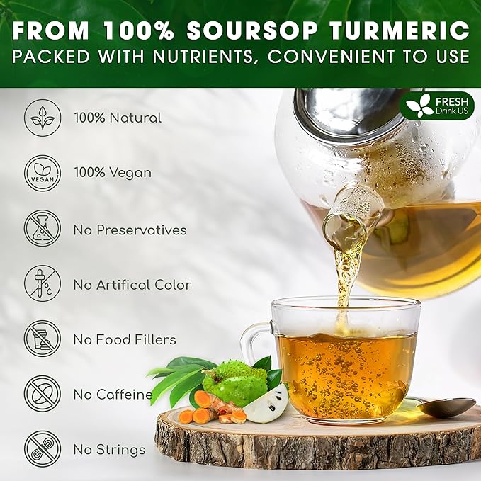 FreshDrinkUS, Premium 25 Tea Bags Soursop Turmeric, 100% Natural, Blend of Soursop Leaves, and Turmeric Root. Made with Natural Material Tea Bags. No Sugar, Vegan.