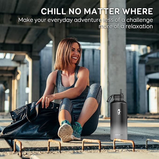 Coolflask Water Bottle 87 oz with Straw, 2/3 Gallon Insulated Stainless Steel 3 Lids Large Water Jug Wide Mouth for Sports or Office, Non-BPA Keep Cold Up to 48 Hrs or Hot Up to 24 Hrs, Piano Night
