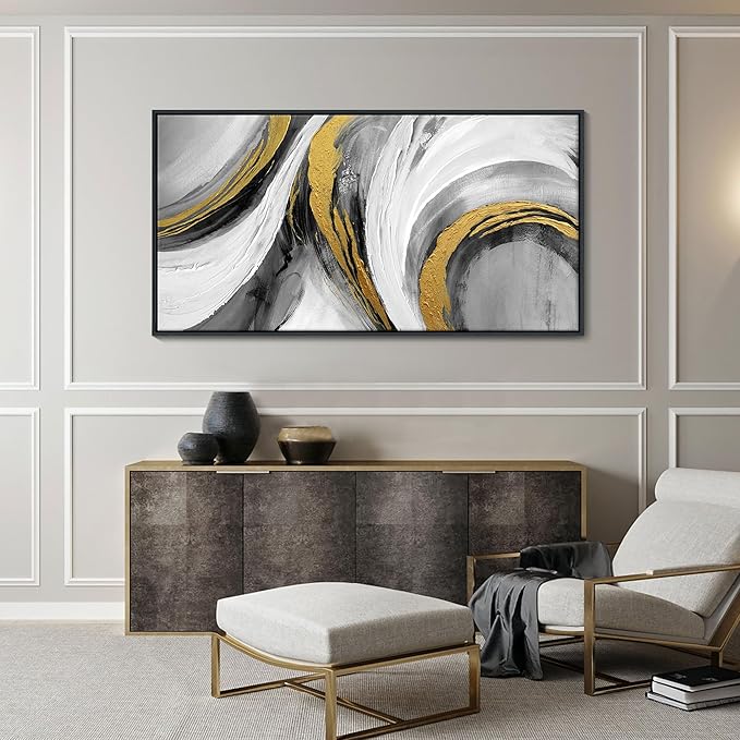 Abstract Large Wall Art - Hand Painted White Gold Tones Abstract Art Black Framed Poster Modern Style for Home Living Room Dining Room Office Hallway Kitchen Decor 24x48 In