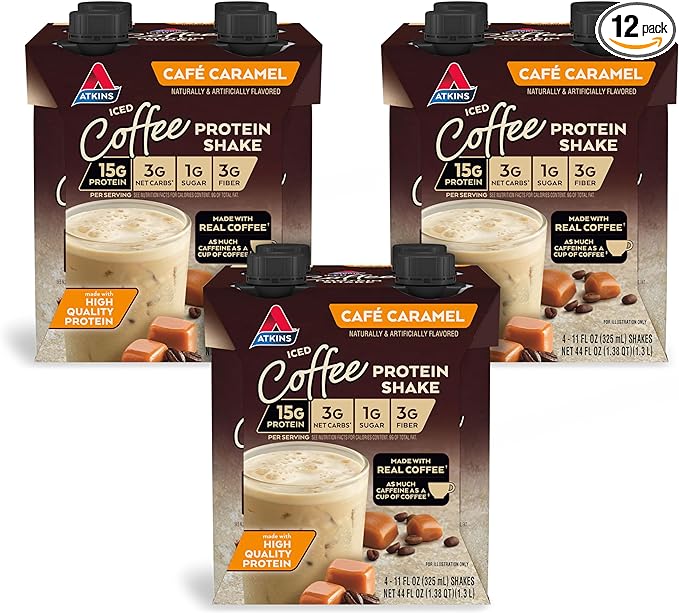 Atkins Café Caramel Iced Coffee Flavored Protein Shake, High Protein Shake, Low Glycemic, Low Carb and Low Sugar, Keto Friendly, Gluten Free, 12 Count