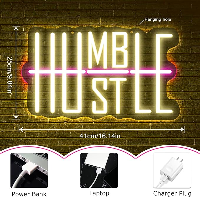 HUSTLE Neon Signs for Wall Decor USB Powered With Dimmable LED Neon Lights for Bedroom Man Cave Dorm Gym Room Office Room Humble Led Neon Light Sign for Party Decorations 5v (16.14 "X9.84")