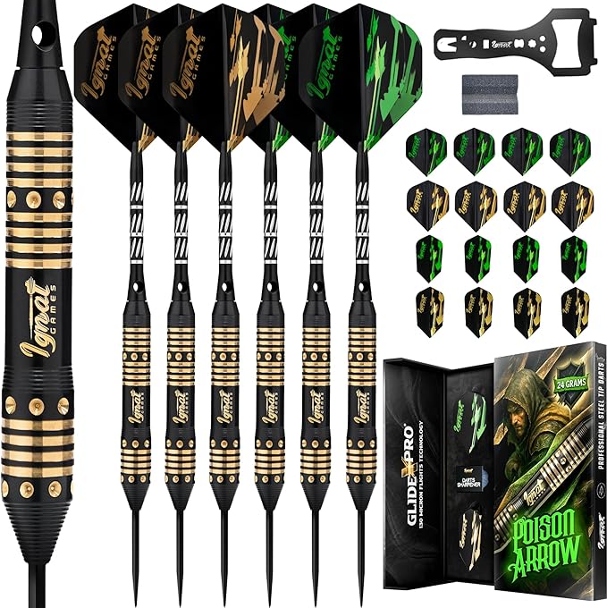 IgnatGames Premium Steel Tip Darts – 3/6/12 Pack Brass Barrels with Aluminum Shafts, 16 GlideXPro Flight Set, Tool Kit & Giftable Case