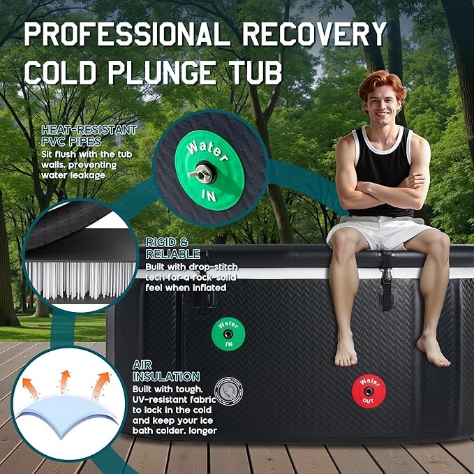 Albott Inflatable Cold Plunge Tub for Athletes, Ice Bath Tub with Insulated Lid Non-Slip Mat, Water Chiller Compatible, Portable for Outdoor & Indoor Recovery, 150 Gal, 59"L x 32"W x 28"H