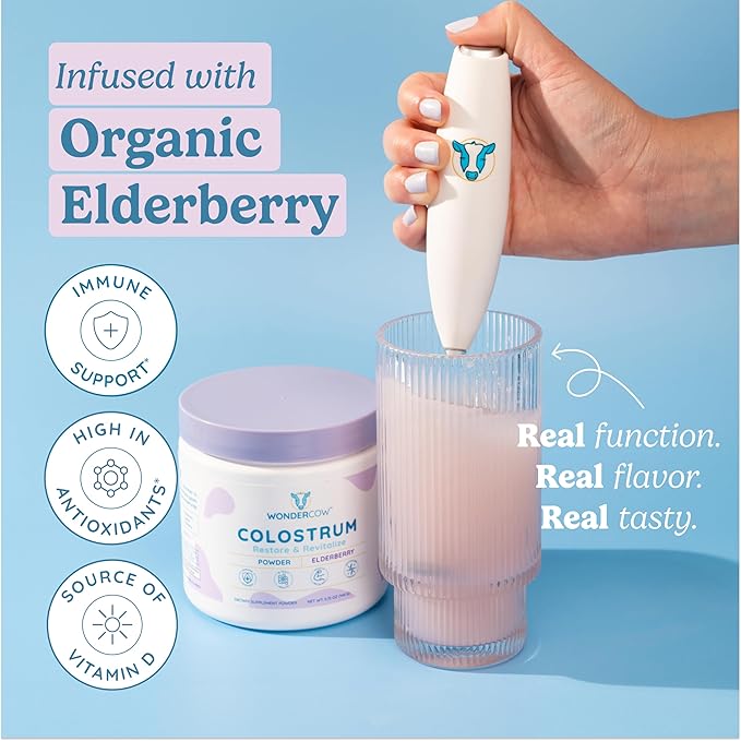 Colostrum Supplement Powder for Gut Health, Immune Support, Muscle Recovery & Wellness | Natural IgG Pure Whole Bovine Colostrum Superfood, Elderberry, 30 Servings