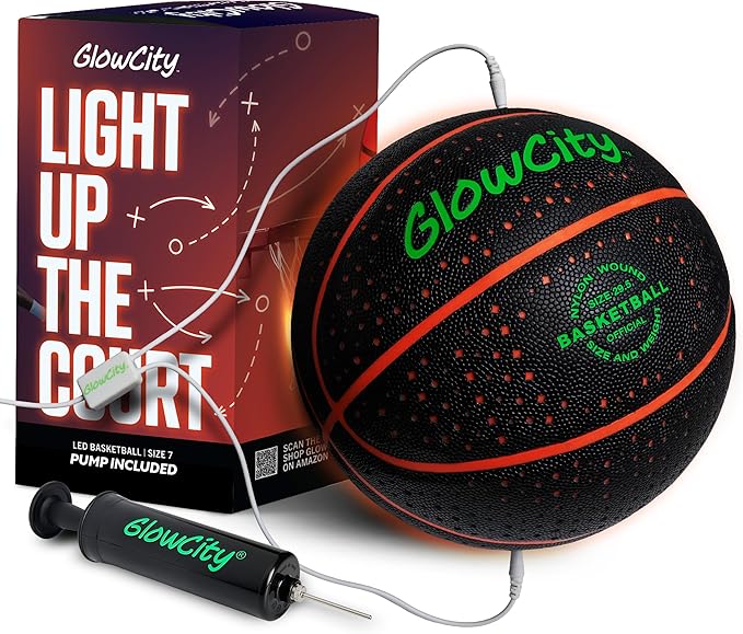 GlowCity Glow in The Dark Basketball for Teen Boy - Glowing Red Basket Ball, Light Up LED Toy for Night Ball Games - Sports Stuff & Gadgets for Kids Age 8 Years Old and Up. Great Gift for Boys & Girls