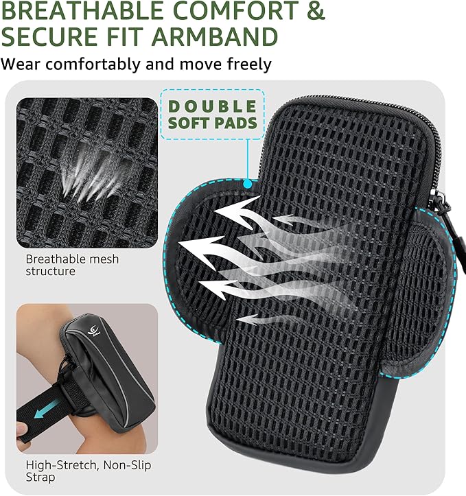 HiRui Arm Bag & Wrist Bag Phone Holder, Sports Running Armband for Gym, Cycling & Workout, Compatible with iPhone 16/15/14 Series, Samsung Galaxy & More, Reflective, Adjustable, Secure Fit (Black)