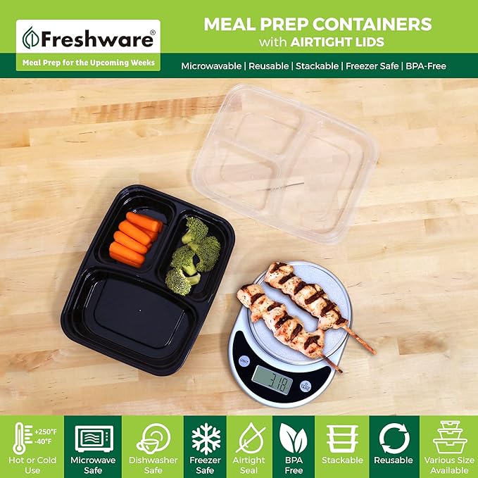 Freshware Meal Prep Containers 21 Count (Pack of 1), 3 Compartment with Lids, Food Storage Containers, Bento Box, Stackable, Microwave/Dishwasher/Freezer Safe (24 oz)