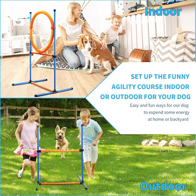 Dog Agility Training Equipment, 72-Piece Obstacle Course Training Starter Kit Indoor Outdoor Game for Dogs with Agility Hurdle, Jump Ring, Weave Poles, Pause Box, Toy Balls and Storage Bag