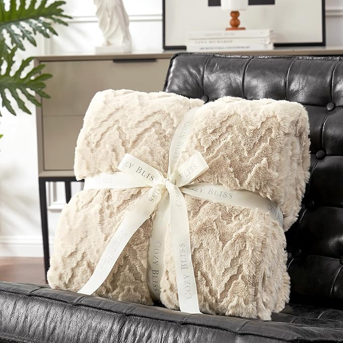 Cozy Bliss Faux Fur Throw Blanket for Couch - Soft Fuzzy Cozy Throw Gift Blankets for Women,Beige Boho Blanket for Sofa Bedroom Living Room.60 * 80 Inches