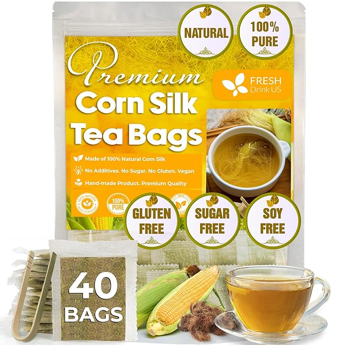 FreshDrinkUS, Premium 40 Tea Bags Corn Silk Tea, 100% Natural & Pure from Corn Silk. Corn Silk Herbal Tea. Clean Ingredients. Made with Natural Material Tea Bags. No Sugar, No Caffeine, Vegan. (40 Tea bags Corn Silk)