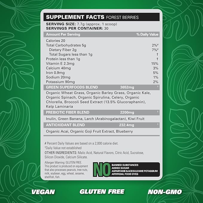 EHP Labs OxyGreens Super Greens Powder – Daily Greens & Superfood Supplement with Spirulina, Chlorella, Prebiotics, Digestive Enzymes, Antioxidants – 30 Servings (Forest Berries)