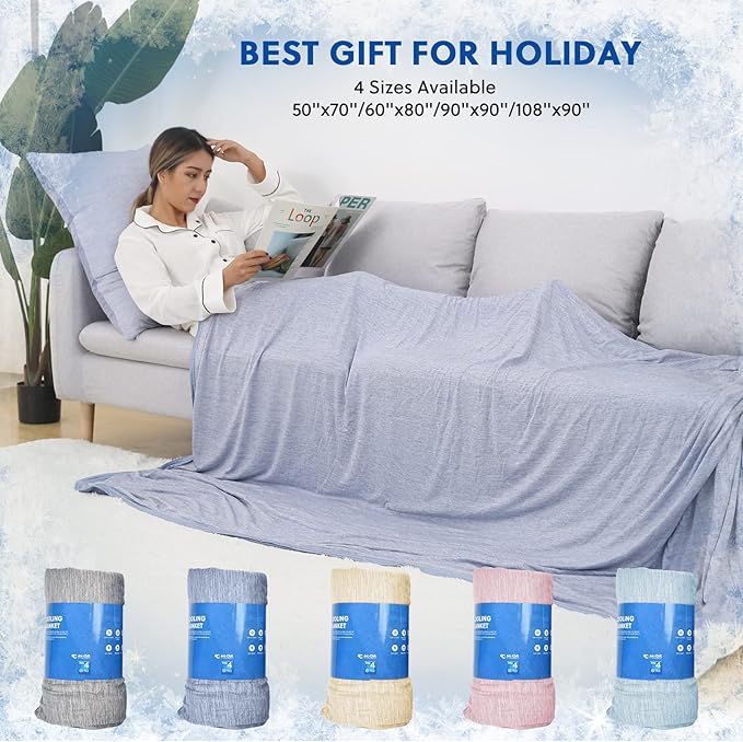 HOMFINE Cooling Blankets for Hot Sleepers - Summer Blanket Thin Lightweight Breathable Soft Double Side Enhanced Cooling for Bed Couch Sofa, Keep Cool for Night Sweats (Blue, 90 x 90 inches)