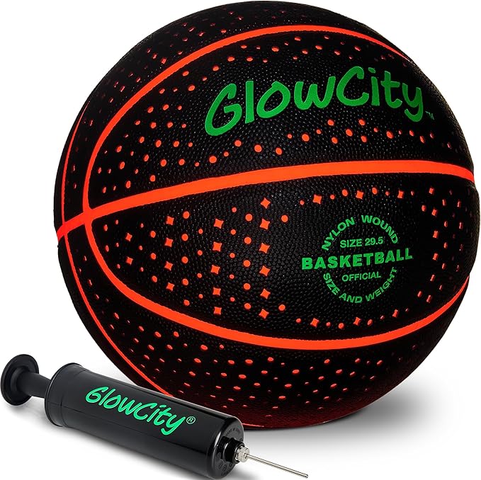 GlowCity Glow in The Dark Basketball for Teen Boy - Glowing Red Basket Ball, Light Up LED Toy for Night Ball Games - Sports Stuff & Gadgets for Kids Age 8 Years Old and Up. Great Gift for Boys & Girls