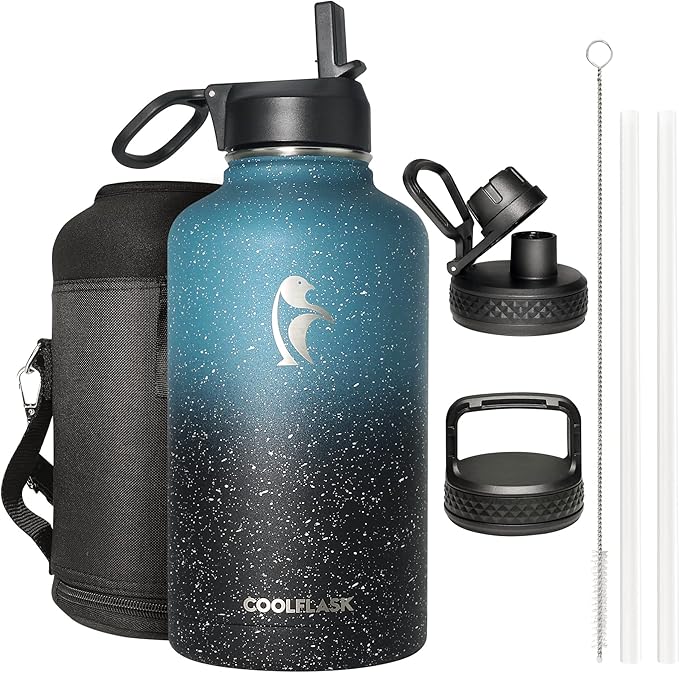 Coolflask 64 oz Water Bottle Insulated with Straw&3 Lids, Half Gallon Water Jug Galaxy Large Metal Stainless Steel Vacuum Flask for Gym, Sports and Travel, Keep Cold 48H Hot 24H,Turquoise
