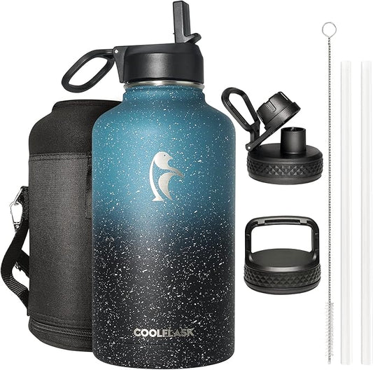 Coolflask 64 oz Water Bottle Insulated with Straw&3 Lids, Half Gallon Water Jug Galaxy Large Metal Stainless Steel Vacuum Flask for Gym, Sports and Travel, Keep Cold 48H Hot 24H,Turquoise