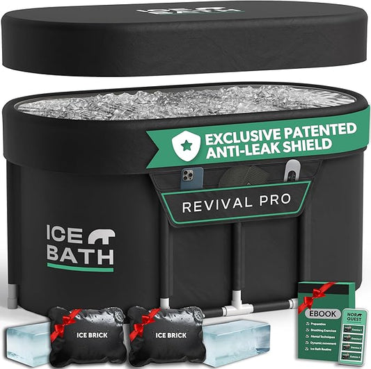 Ice Bath Tub XL - Exclusive Patented Anti-Leak Shield - Cold Plunge Tub With Cover - Ice Bricks X2 - Portable bathtub Outdoor Indoor - Free Ebook