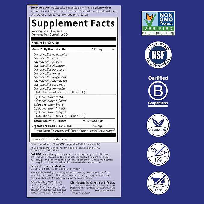 Garden of Life Probiotics for Men, Dr Formulated 50 Billion CFU 15 Probiotics for Digestive Health + Organic Prebiotic Fiber, Colon & Immune Support, Daily Gas Relief, Shelf Stable, 30 Capsules