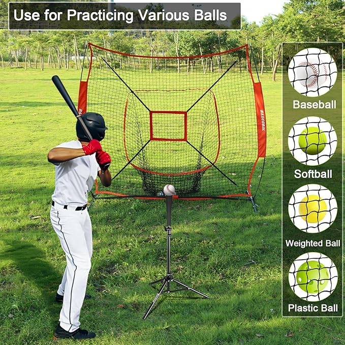 7'×7' Baseball Softball Practice Net,Baseball Backstop,with Batting Tee,Ball Caddy,for Hitting Pitching Batting Catching with Bow Frame,Bonus Strike Zone,Portable and Foldable