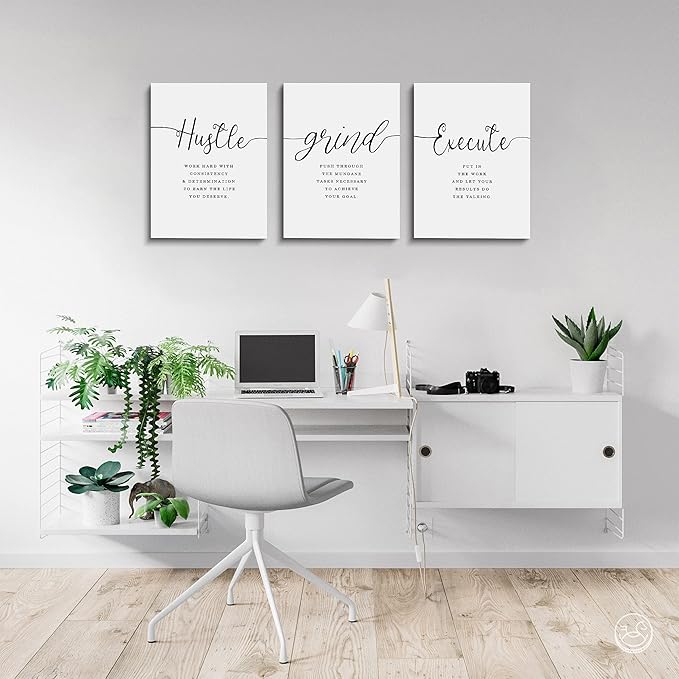 Framed Canvas Wall Art Grind Hustle Quote Poster, Office Wall Art, Positive Motivational Set of 3 Prints, Hustle prints Execute, Inspirational Wall Decor Art (H-3pcs,12x16inchx3pcs)