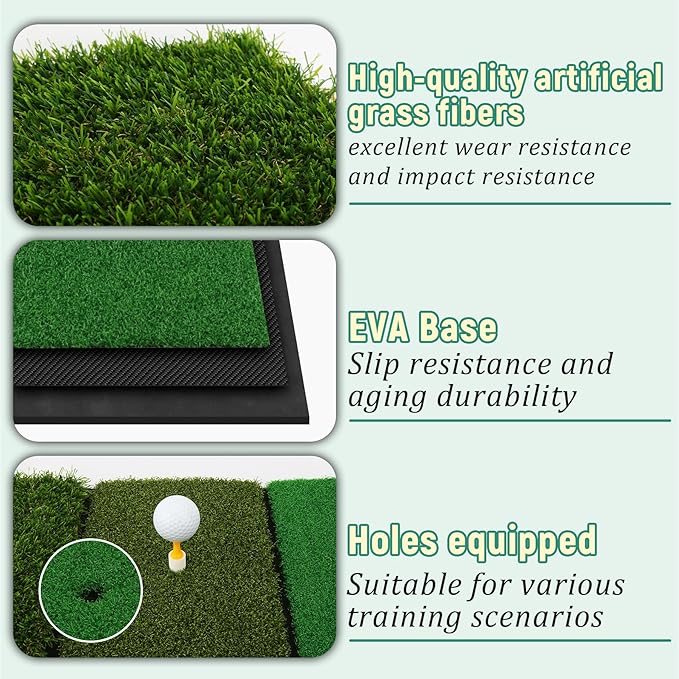 Golf Practice Mat 3-in-1 Turf Golf Hitting Mat for Swing, Putting & Chipping | Portable Golf Training Mat Indoor/Outdoor, Golf Mat with 8 Tees