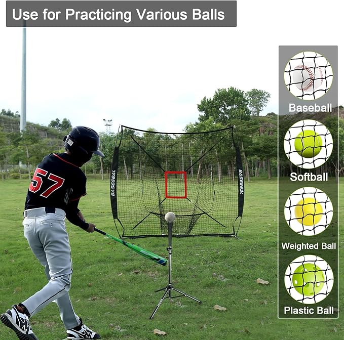7'×7' Baseball Softball Practice Net,Baseball Backstop,with Batting Tee,Ball Caddy,for Hitting Pitching Batting Catching with Bow Frame,Bonus Strike Zone,Portable and Foldable