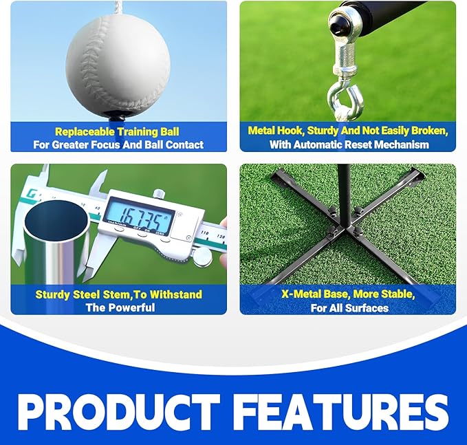 Batting Tee with Tethered Ball – Adjustable 20" to 45" Baseball & Softball Hitting Trainner – Metal X-Base with 4 Ground Stakes & 2 Sandbags for Maximum Stability – Swing Trainner for All Ages