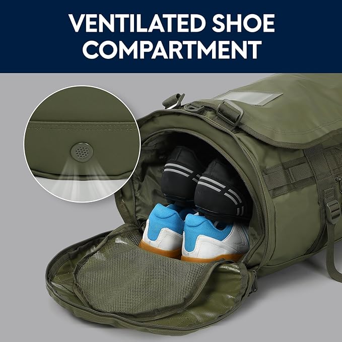 Haimont Large Duffle Bag Backpack for Men Women, 60L Convertible Travel Duffel Bags with Shoes Compartment, Carry on Durable Duffle for Sports Gym Hiking Camping, Water-resistant, Army Green