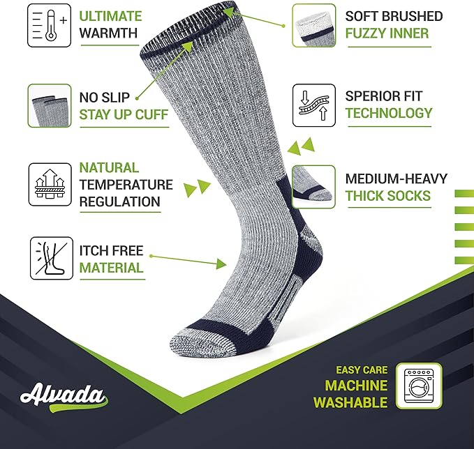 Alvada Merino Wool Hiking Socks Thermal Warm Crew Winter Boot Sock For Men & Women 3 Pairs