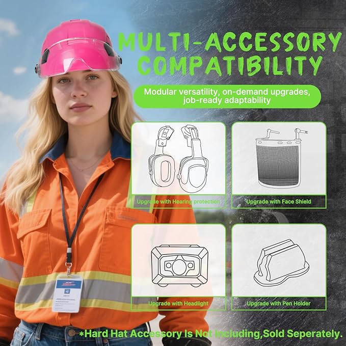 Aolamegs Pink Hard Hats for Women OSHA Approved - ANSI Z89.1 Construction Safety Hard Hat with Clear Visor, Adjustable Vented Cascos De Construccion Work Hardhats, 6 Point Ratcheting Hardhat